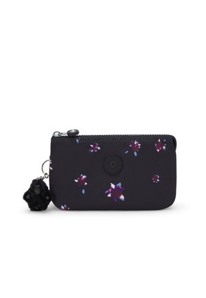 Black fabric wallet with floral pattern in purple and blue tones. Features a zipper closure and a black plush charm attached.