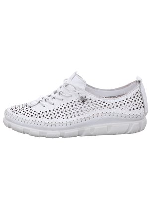 White perforated leather sneaker with lace-up design, flexible sole, and stitched detailing along the edge, offering breathability and comfort.