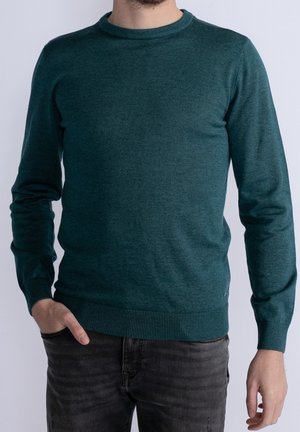 Mand iført mørkegrøn rundhalset sweater og sorte jeans, med venstre hånd i lommen, stående foran en ensartet lys baggrund.