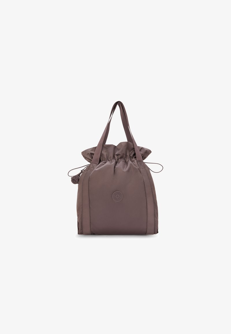 Sac à cordon de couleur marron foncé uni. Fabriqué en tissu doux et durable avec un haut froncé, il comprend deux poignées robustes et un détail de logo.