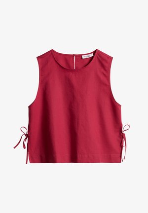 Rood mouwloos cropped topje met ronde halslijn, zijkanten met strikjes en knoopsluiting aan de achterkant, gemaakt van gladde stof.