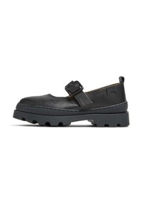 Zapato Mary Jane negro de cuero con acabado de charol, correa ajustable con hebilla y suela de goma resistente con dibujo texturizado.
