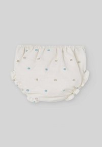 Couverture de couche en tissu blanc avec de petits pois bleus et marron, taille élastique froncée et ouvertures de jambe à volants. Texture douce, design léger.