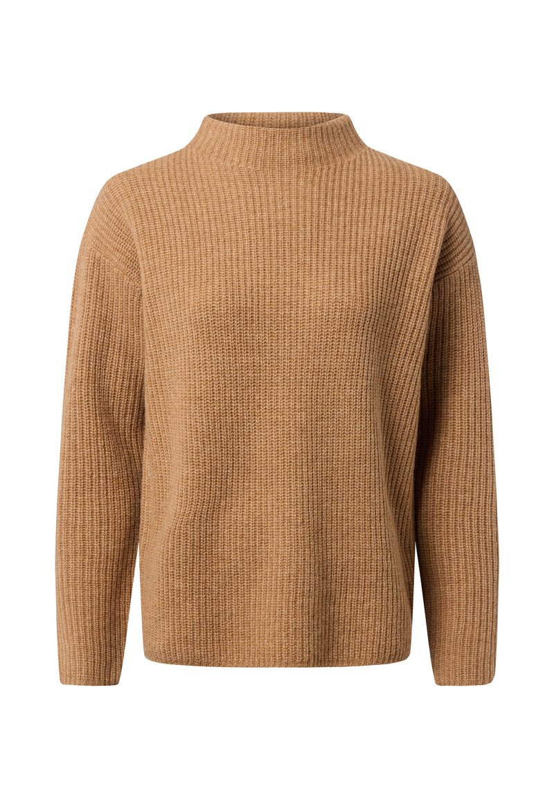 Gebreide trui in een warme beige kleur met een opstaande kraag, een relaxte pasvorm en een geribbelde textuur, met lange mouwen en een rechte zoom.
