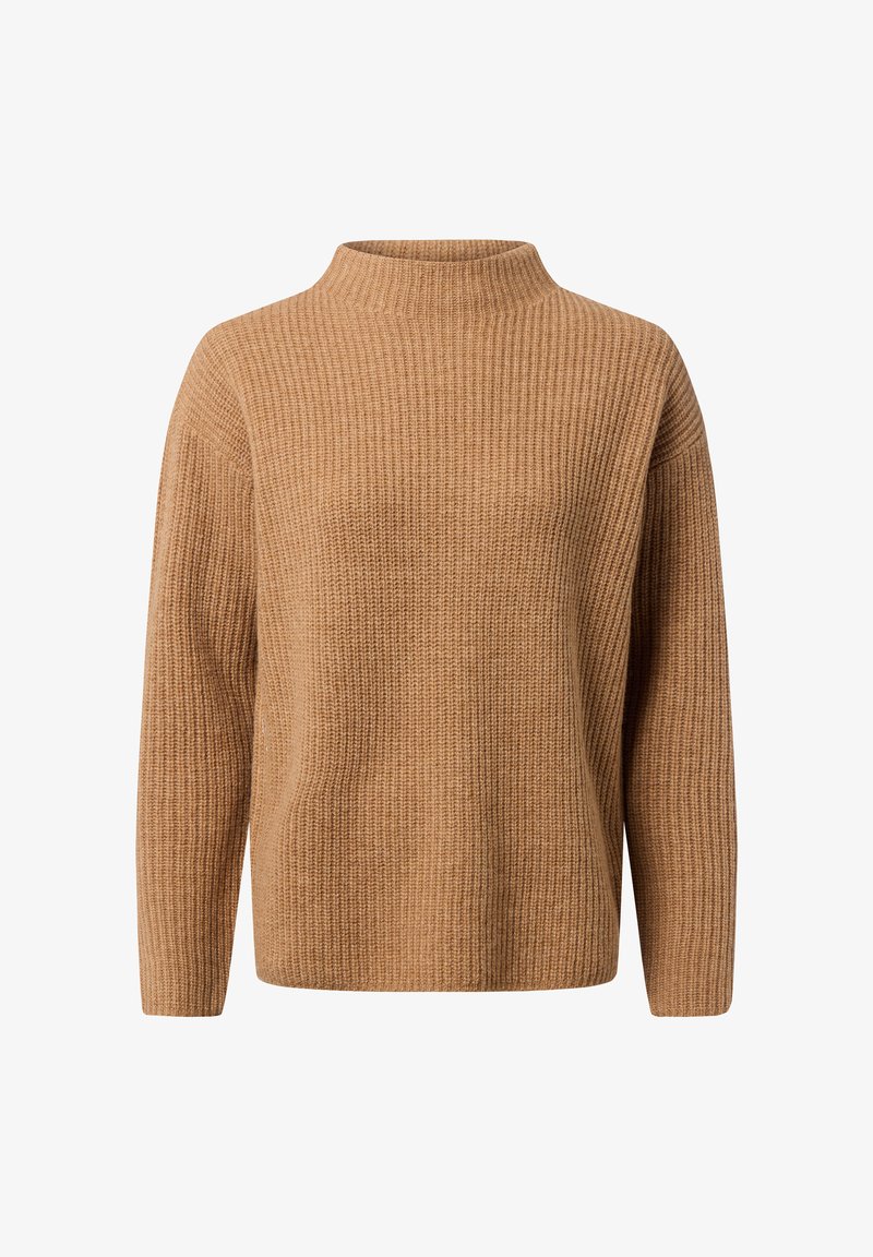 Gebreide trui in een warme beige kleur met een opstaande kraag, een relaxte pasvorm en een geribbelde textuur, met lange mouwen en een rechte zoom.