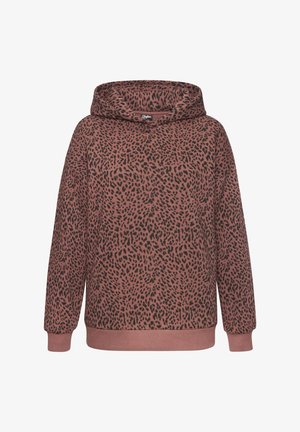 Sweatshirt met capuchon in een stofroze kleur, voorzien van een zwart luipaardprint, zachte textuur en geribbelde manchetten en zoom.