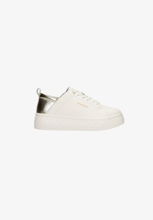White sneaker with metallic gold accents on the heel, textured midsole, round toe, and flat lace-up design. Logo printed on the side.
