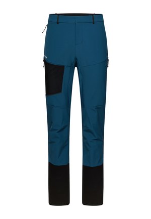 Wasserabweisende blaue Outdoor-Hosen mit einem schwarzen unteren Abschnitt, ausgestattet mit einer Seitentasche und einem verstellbaren Bund für Komfort und Funktionalität.