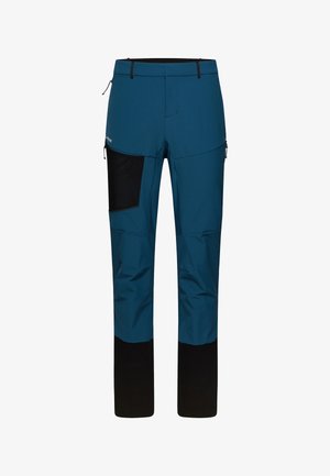 Water-resistant blue outdoor pants with a black lower section, featuring a side pocket and adjustable waistband for comfort and utility.