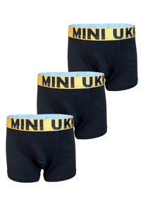 Kolme paria mustia puuvillabokserivaatteita, joissa on vaaleansininen vyötärö, jossa lukee lihavoituina keltaisilla kirjaimilla "MINI UK".