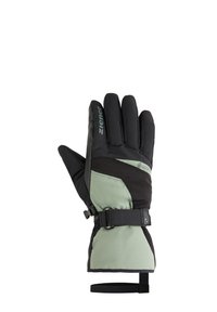 Gants d'hiver en noir et vert clair, avec un extérieur texturé, une sangle ajustable et une zone de paume renforcée pour une meilleure adhérence.