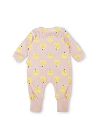 Light pink onesie featuring a repeated yellow pear pattern, with long sleeves and elastic cuffs at the ankles for a snug fit.