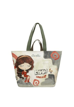 Leinwand-Tragetasche mit Illustration eines Mädchens in einem roten Kleid, das sitzt, Text "Kenne dich selbst" und grünen und braunen Schulterriemen.