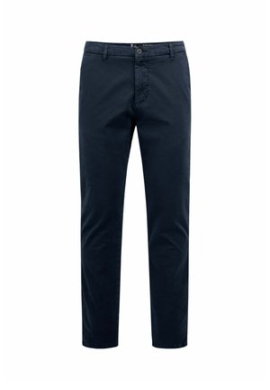 Pantalones casuales para hombre de color azul marino oscuro con trabillas para cinturón, cierre frontal con botón y cremallera, mostrados sobre un fondo blanco.