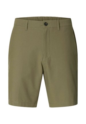 Olivengrønne shorts laget av teksturert stoff, med knappelukking, beltehemper og sidelommer. Skreddersydd passform med rett snitt.