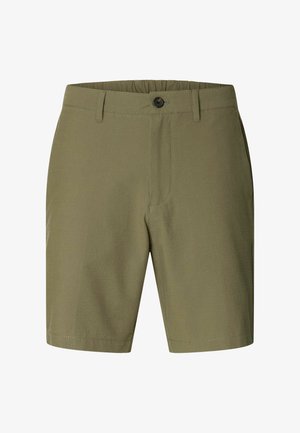 Olivengrønne shorts laget av teksturert stoff, med knappelukking, beltehemper og sidelommer. Skreddersydd passform med rett snitt.