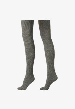 Calcetines grises hasta la rodilla con un patrón de diamante texturizado y puños acanalados. Fabricados con un material elástico para mayor comodidad y ajuste.