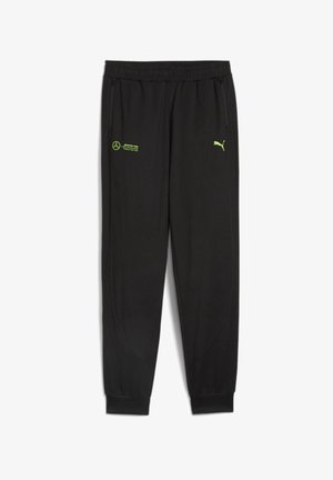 Schwarze Puma-Trainingshose mit elastischem Bund, seitlichen Reißverschlusstaschen und grünen Mercedes AMG Petronas- und Puma-Logos auf der Vorderseite.