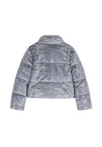 Gepolsterte, gekürzte Jacke aus grauem Samt mit einem reflektierenden, strukturierten Muster. Verfügt über einen Kragen und lange Ärmel.