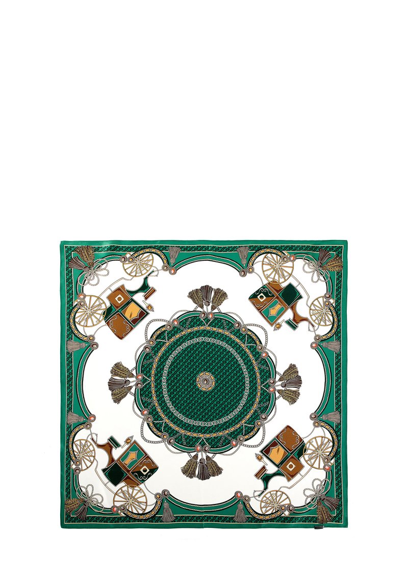 Écharpe en soie verte ornée de motifs complexes, de dessins circulaires et d'accents dorés et bruns, embellie de franges et de motifs.