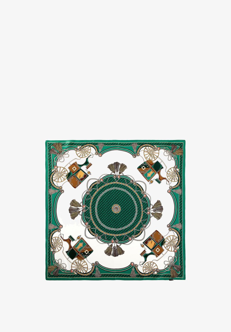 Zielony jedwabny szalik z misternymi wzorami, okrągłymi motywami oraz akcentami w kolorze złotym i brązowym, ozdobiony frędzlami i motywami.