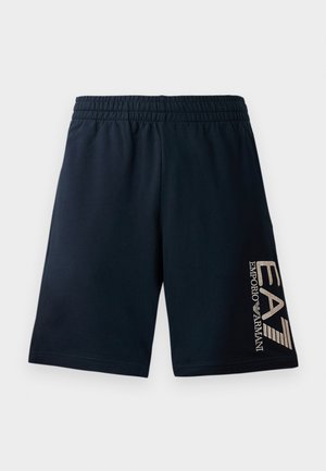 Bermudas para hombre en azul marino, hechas de una tela suave, con una cinturilla elástica y un audaz logo de EA7 impreso en un color claro en la pierna izquierda.