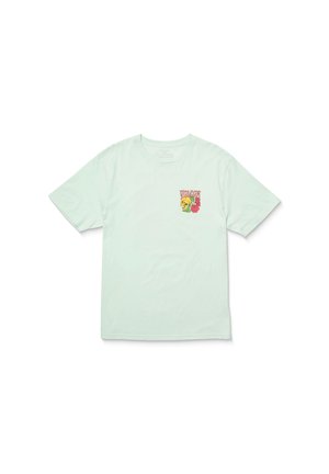 Mint green cotton t-shirt featuring short sleeves and a crew neck. Small, colorful graphic on the left chest depicting floral elements.