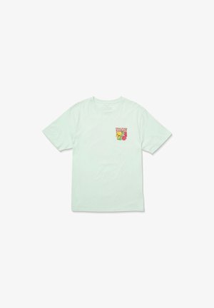 T-shirt en coton vert menthe avec des manches courtes et un col rond. Petit graphisme coloré sur la poitrine gauche représentant des éléments floraux.