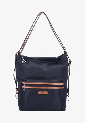 Borsa a spalla in nylon blu navy con dettagli in pelle marrone, due tasche anteriori con cerniera e un ciondolo logo in argento. Superficie morbida e testurizzata.