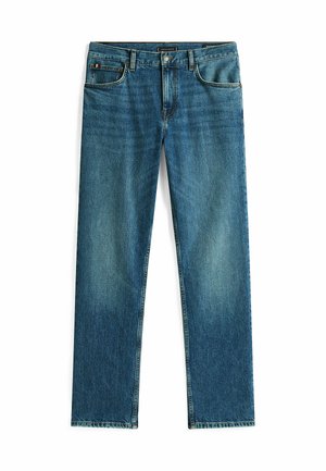 Jeans da uomo in denim blu con gamba dritta, cinque tasche e un lavaggio chiaro. Presentano una chiusura con zip e dettagli di cucitura in vista.