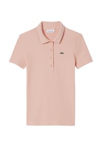 Polo in tessuto a coste rosa chiaro con colletto classico, patta con cinque bottoni e logo ricamato verde sul petto a sinistra.