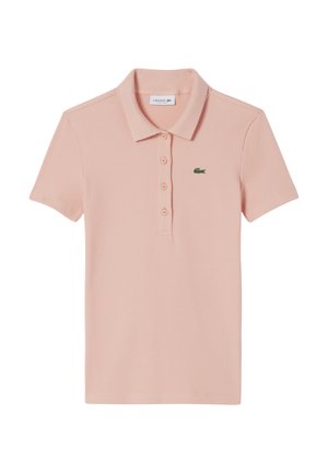 Polo in tessuto a coste rosa chiaro con colletto classico, patta con cinque bottoni e logo ricamato verde sul petto a sinistra.