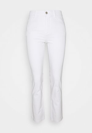 Vita utsvängda jeans av denim med hög midja, femficksdesign och silverknapp framtill. Mjuk textur.