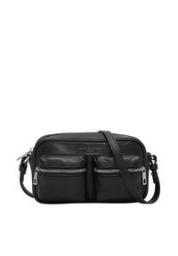 Borsa a tracolla in pelle nera con due tasche frontali con zip, tracolla regolabile e texture liscia. Presenta dettagli in metallo.