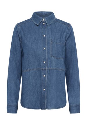 Cămașă lungă cu mâneci lungi din denim albastru, cu guler ascuțit, buzunar pe partea stângă a pieptului și nasturi albi vizibili pe partea din față.