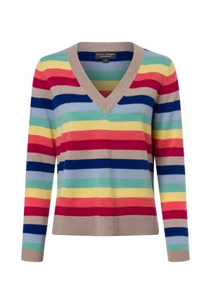 Gestreifter Pullover in mehreren Farben mit V-Ausschnitt und langen Ärmeln. Hergestellt aus weichem Material mit horizontalen Streifen in Rot, Blau, Gelb und Grün.