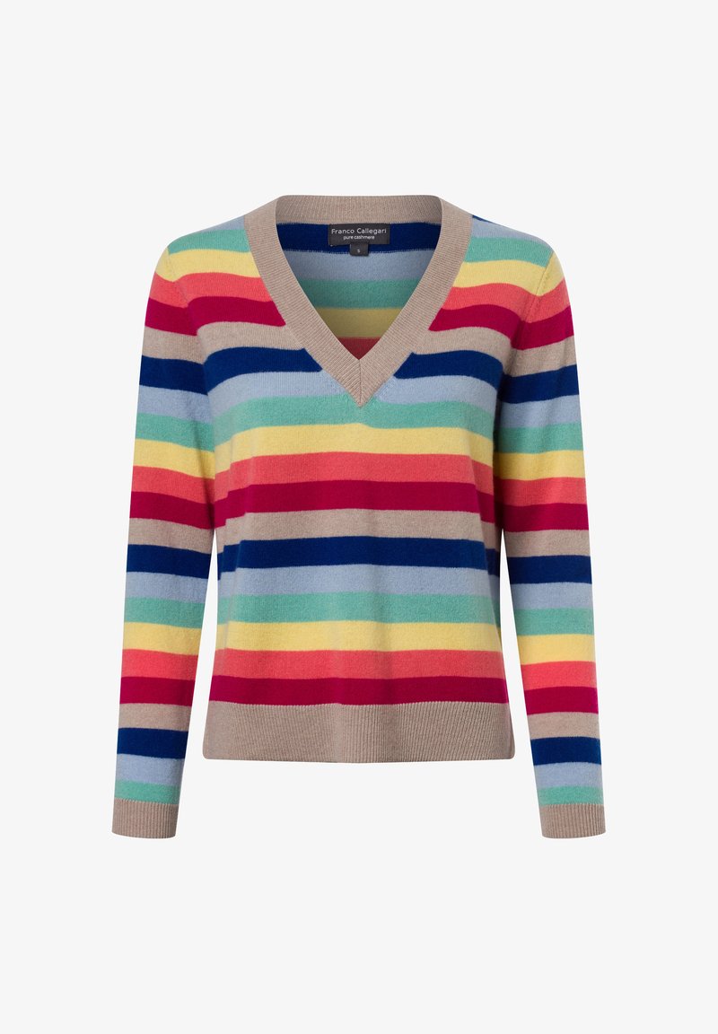 Gestreifter Pullover in mehreren Farben mit V-Ausschnitt und langen Ärmeln. Hergestellt aus weichem Material mit horizontalen Streifen in Rot, Blau, Gelb und Grün.