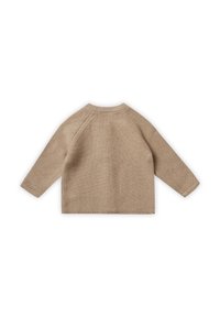 Pull en tricot beige, poids moyen, avec de longues manches raglan et un col rond. Caractérisé par un motif texturé à côtes sur l'ensemble.