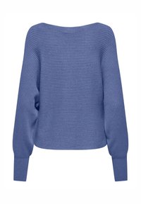 Pull en maille côtelée bleue avec une coupe ample, un large col bateau et des manches volumineuses, présentant une finition texturée et un ourlet raccourci.