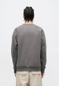 Gray sweatshirt with a crew neck and raglan sleeves, featuring a smooth texture and ribbed cuffs. Paired with light beige cargo shorts.