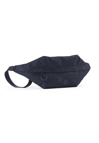 Navyblauer Stoff-Bauchtasche mit flachem Design, Reißverschlussverschluss, runder Hardware-Akzent und zwei runden Aufnähern an der Vorderseite.
