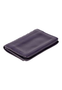 Portefeuille en cuir violet foncé fermé avec des coutures visibles, posé à plat sur un fond blanc.