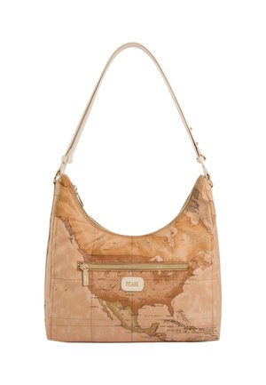 Lichtbruine leren schoudertas met kaartprint van Noord-Amerika, voorvak met ritssluiting en verstelbare crèmekleurige band.