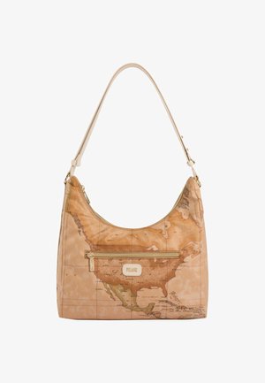 Lichtbruine leren schoudertas met kaartprint van Noord-Amerika, voorvak met ritssluiting en verstelbare crèmekleurige band.