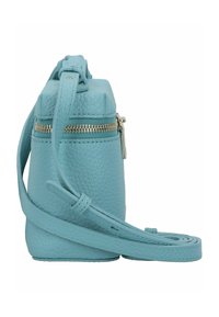 Sac bandoulière en cuir bleu clair texturé avec une fermeture éclair, un design mince et une sangle réglable. Vue latérale montrant le détail de la fermeture éclair.