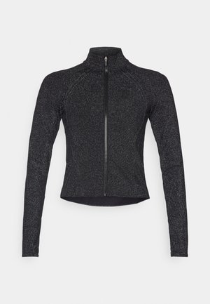 Giacca sportiva nera con maniche lunghe, chiusura frontale a mezza zip, tessuto testurizzato e un sottile lucido metallico. Presenta un design aderente e un colletto alto.