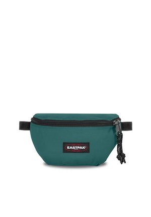 Riñonera Eastpak color verde azulado con cremallera negra, correas negras ajustables y parche con logo en el centro delantero.