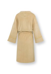 Beige, soft, textured bathrobe with wide sleeves, a belt, and a collar. Features yellow stitching accents on the sleeve hems.