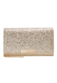 Gold glitter clutch with a rectangular shape, textured surface, and a chain strap. Features a small metallic label with "MasCarA" engraved.