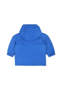 Giacca blu con cappuccio, realizzata in materiale liscio. Presenta maniche arricciate e un design minimalista senza chiusure visibili.